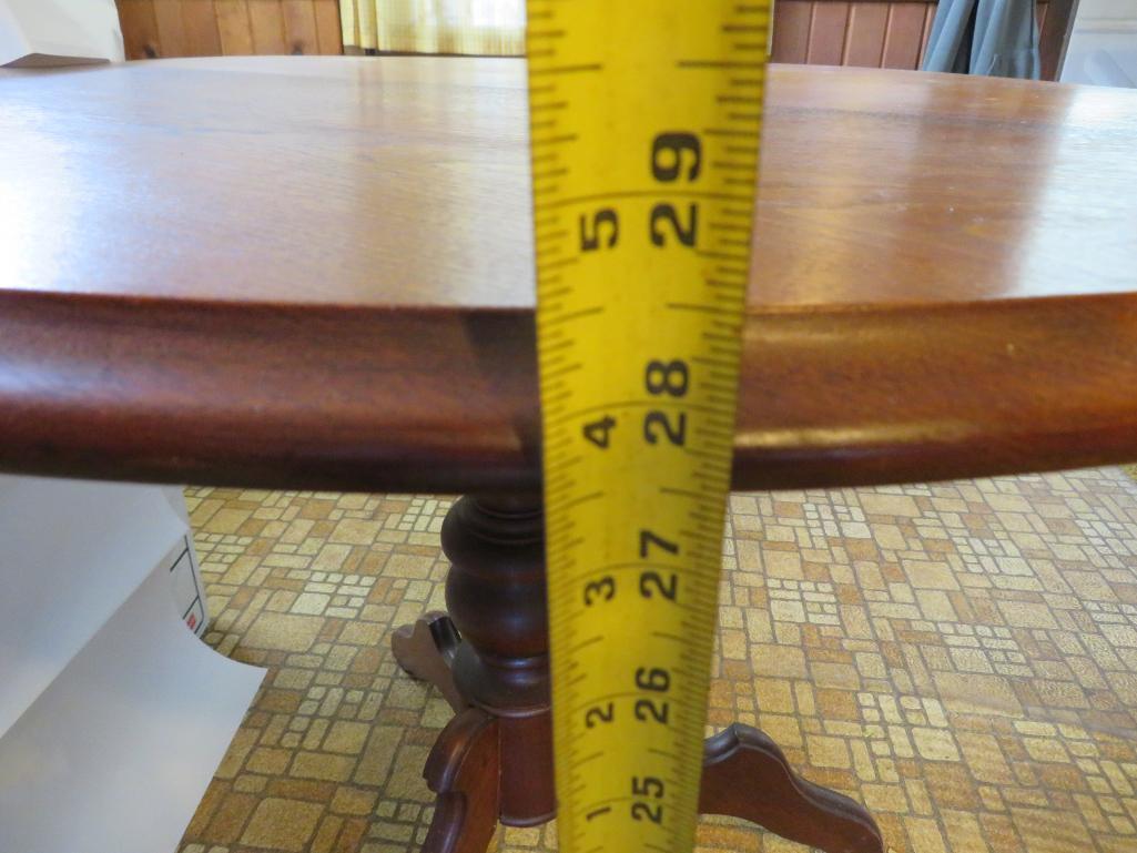 Walnut round tripod pedestal table, 34" diameter