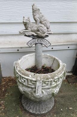 Cement patio planter, 17 1/2" tall, with wolf planter stake