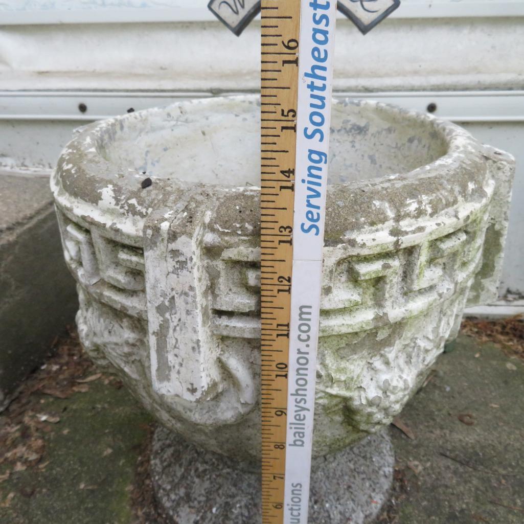 Cement patio planter, 17 1/2" tall, with wolf planter stake