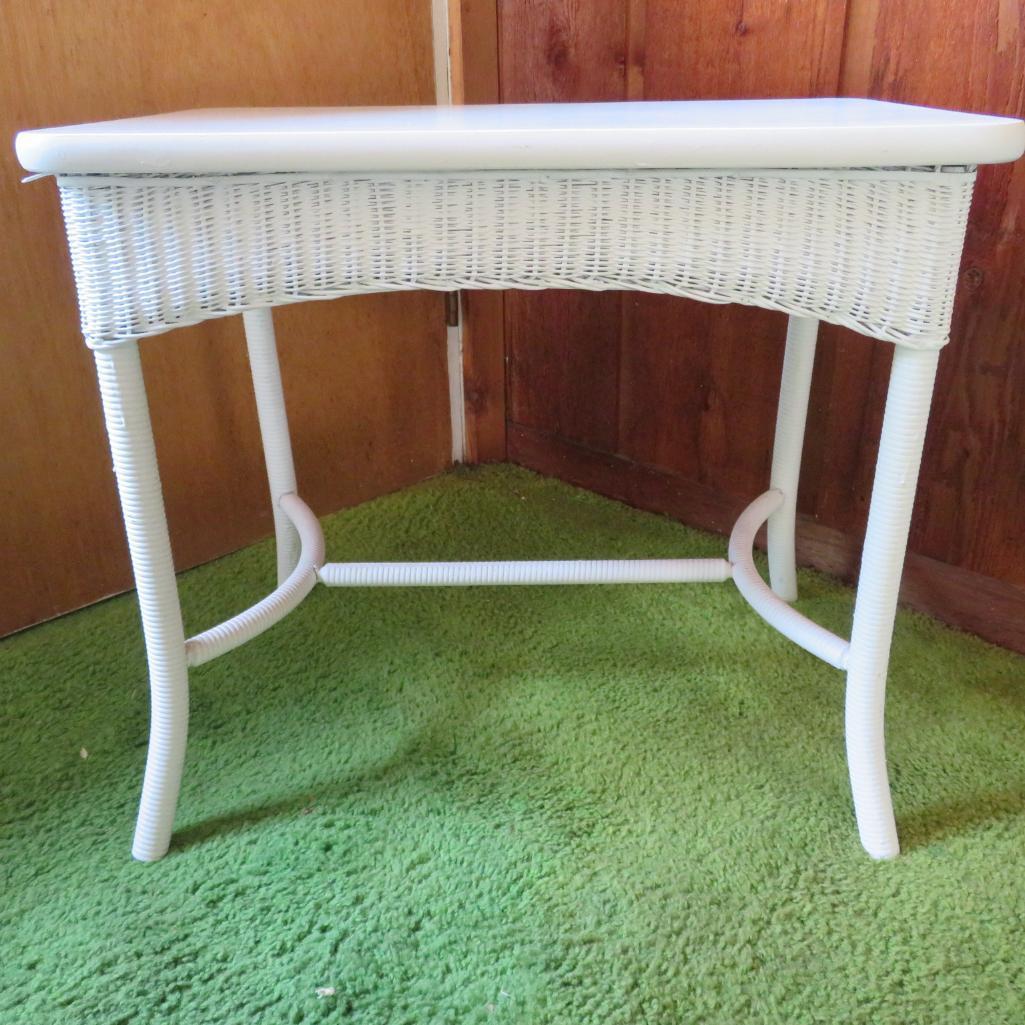 White Wicker side table with wooden top