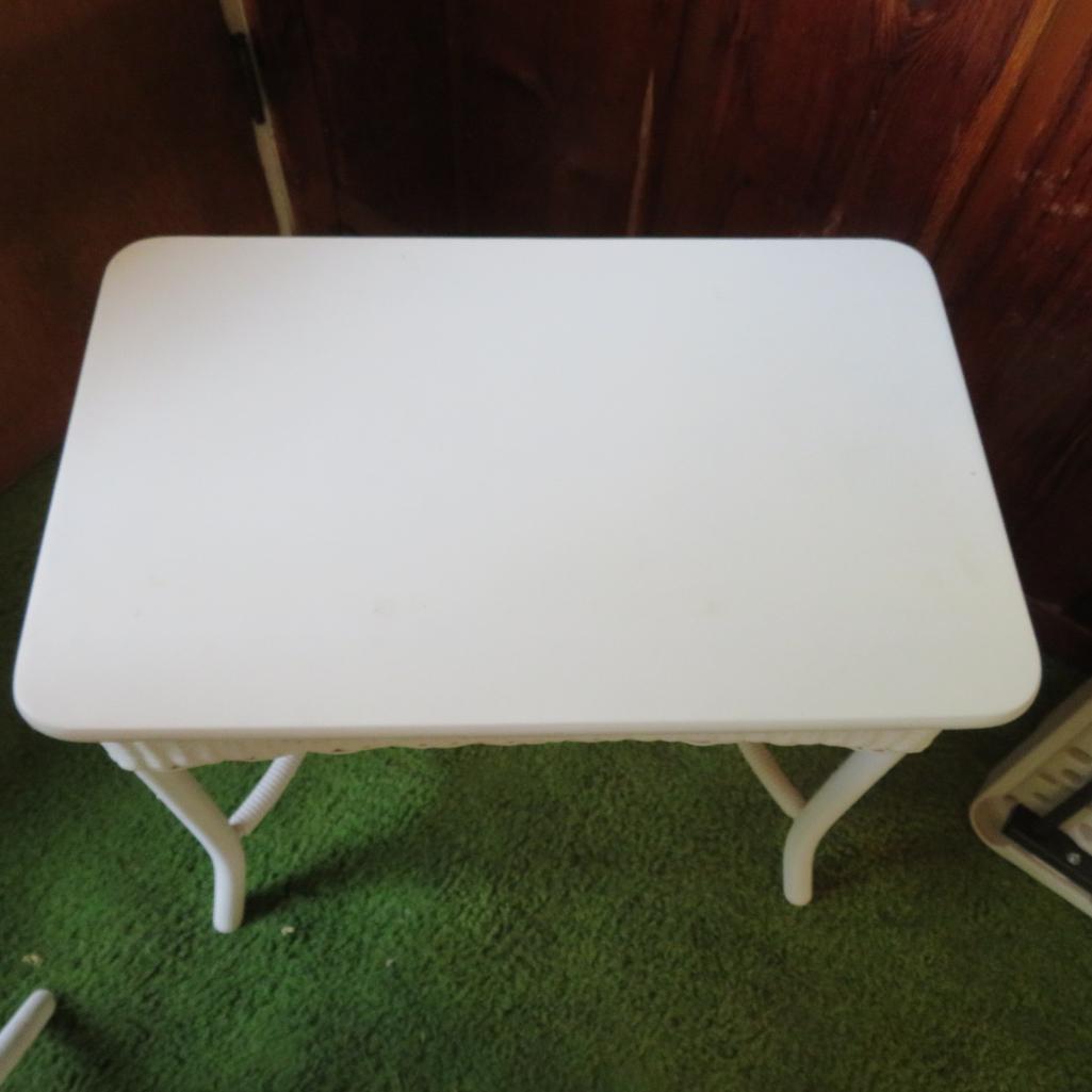 White Wicker side table with wooden top