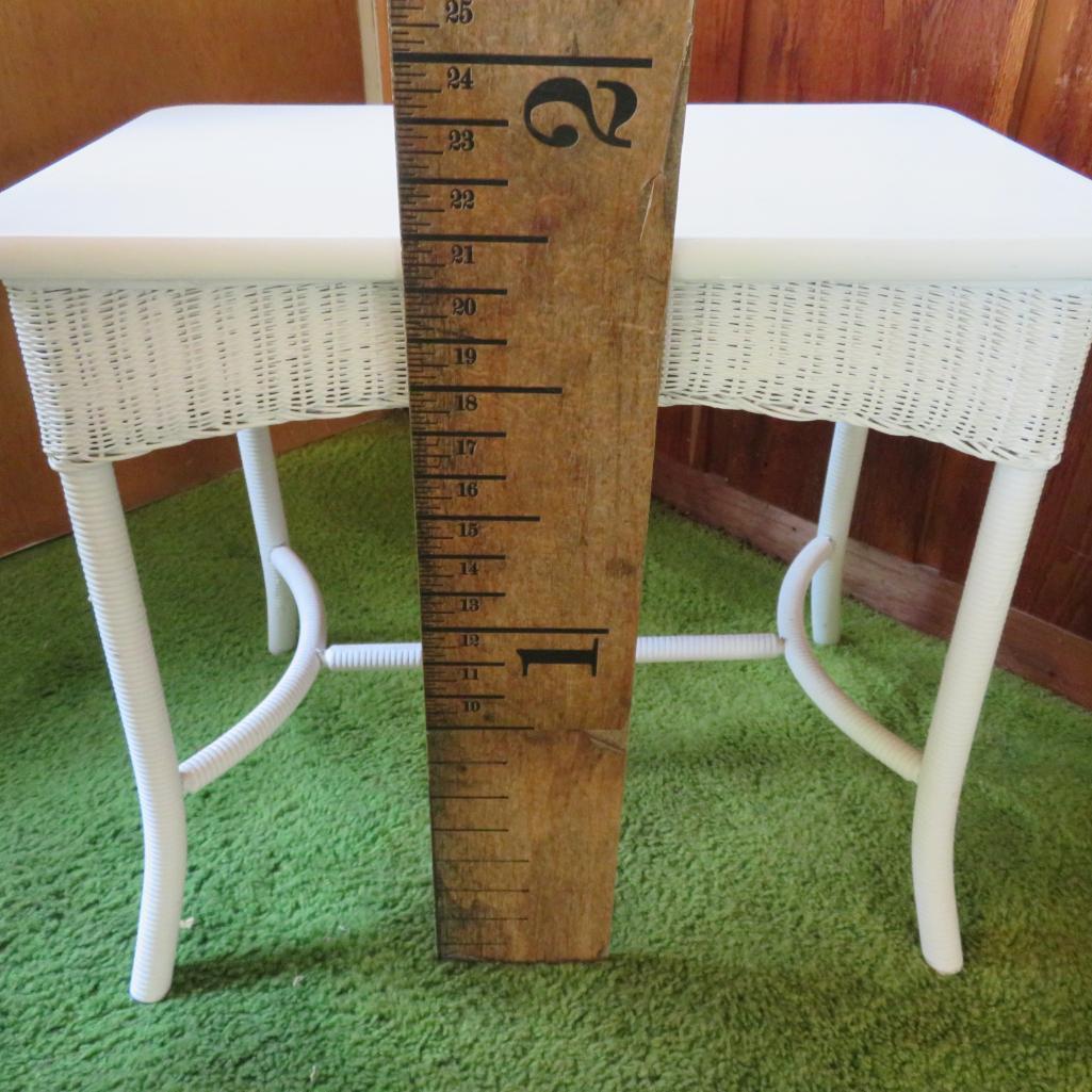 White Wicker side table with wooden top