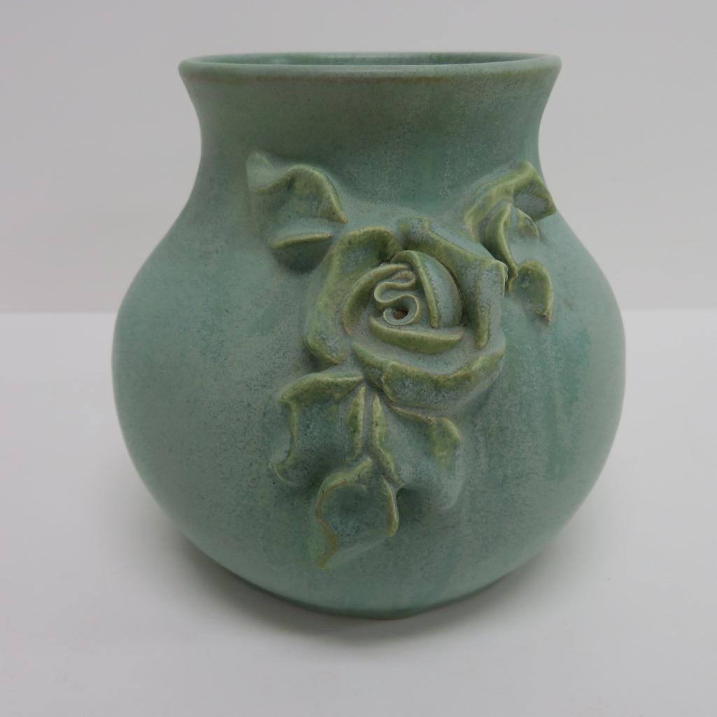 Fulper Vase, applied rose, green, 6"