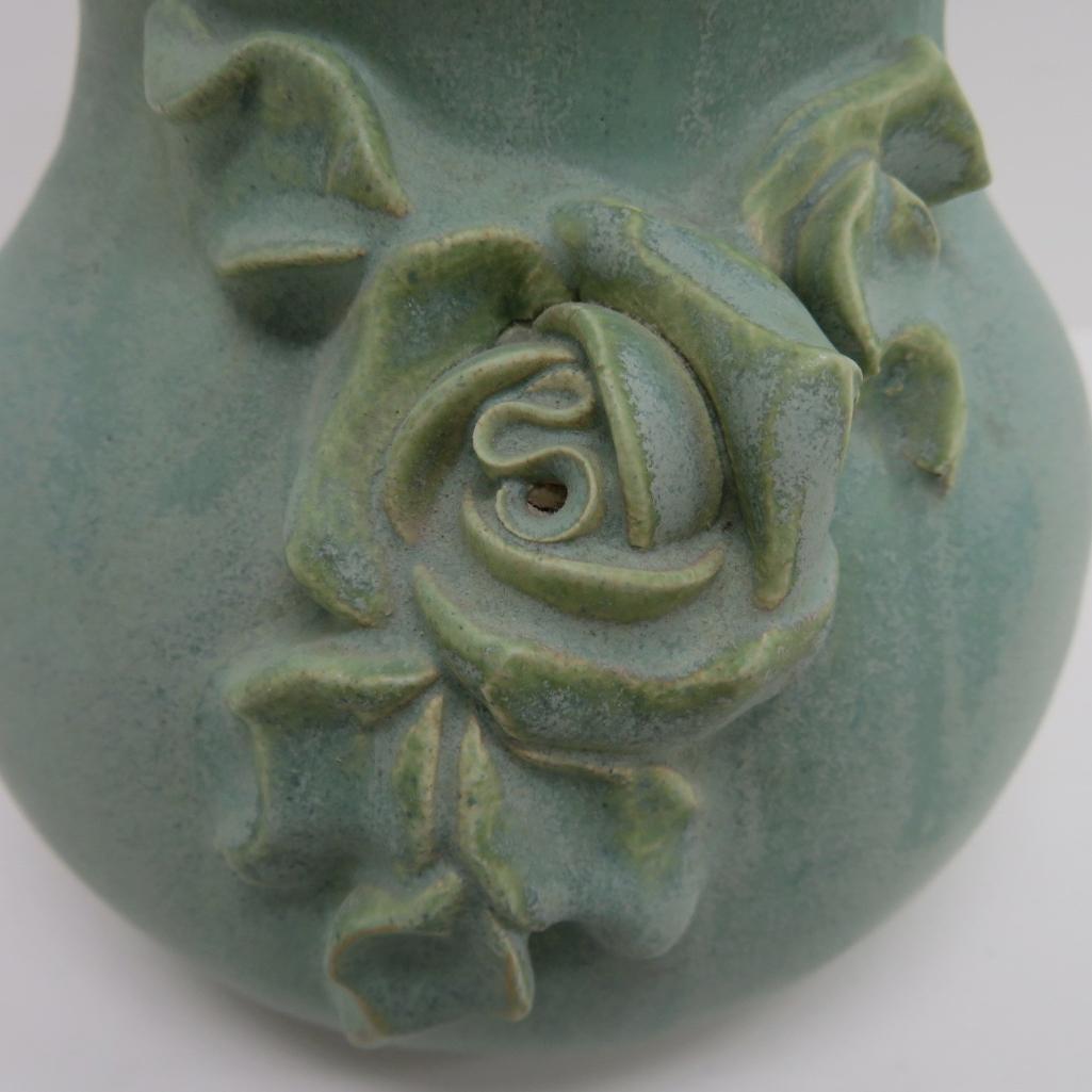 Fulper Vase, applied rose, green, 6"