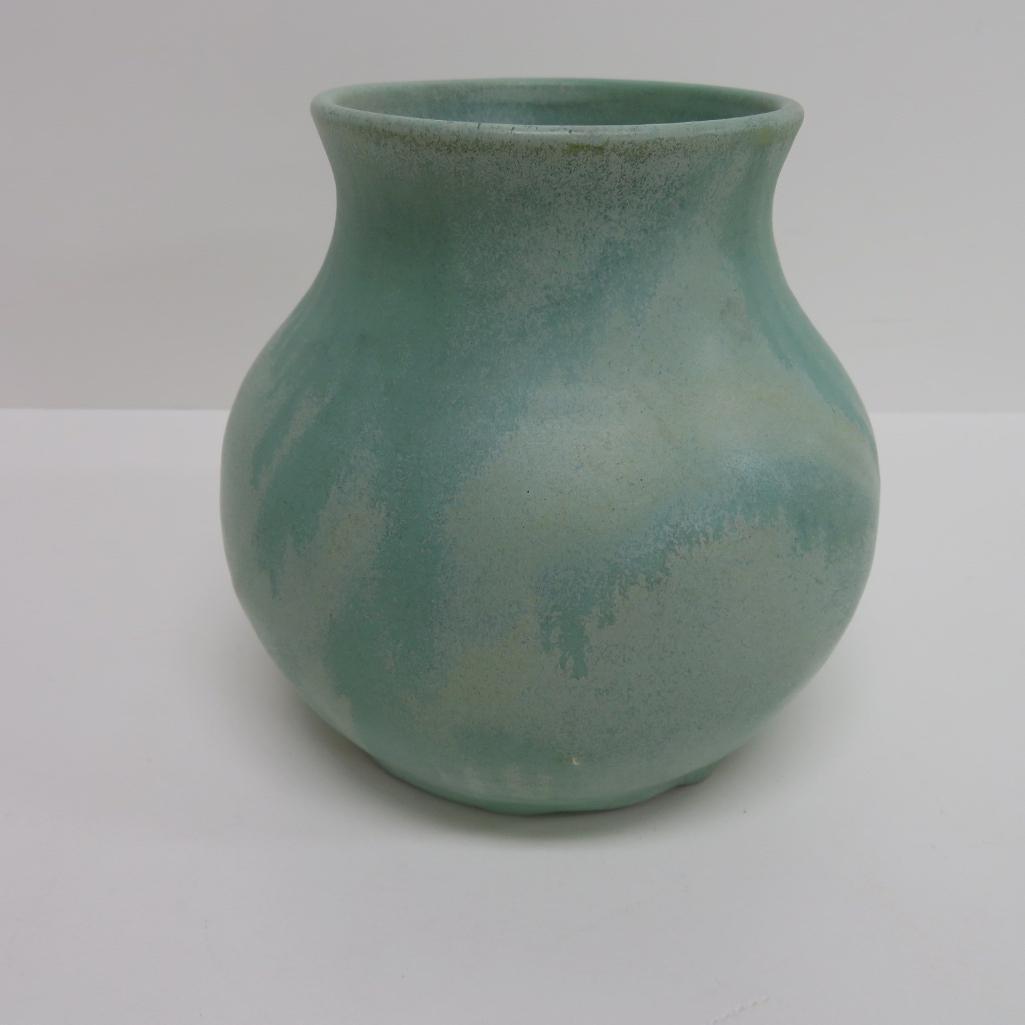 Fulper Vase, applied rose, green, 6"