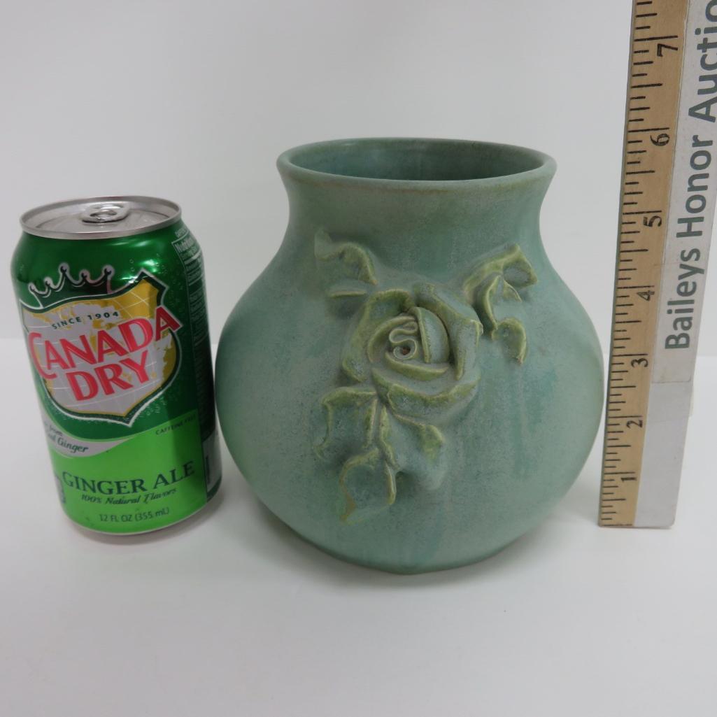 Fulper Vase, applied rose, green, 6"