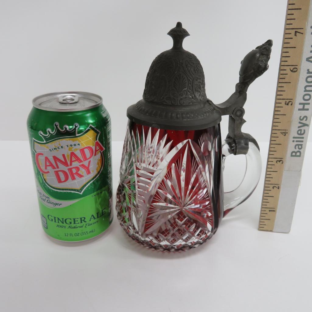 Exquisite Bohemian glass tankard with pewter lid