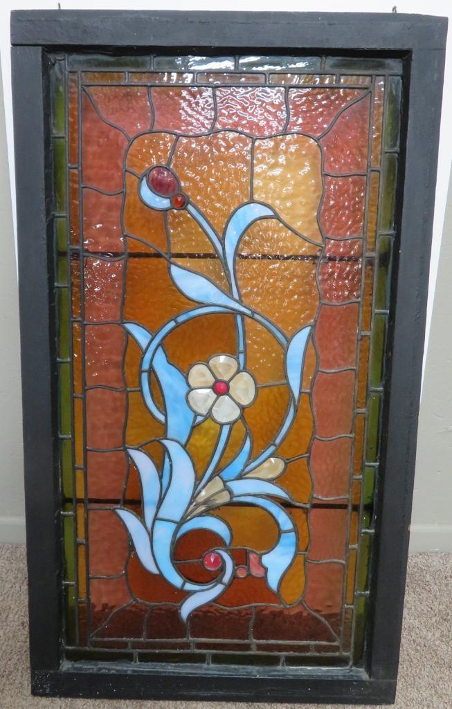 Lovely jeweled floral stained and leaded glass window