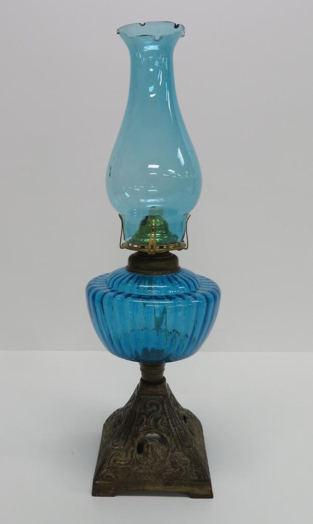 Vintage Oil lamp, blue with Noveau style base