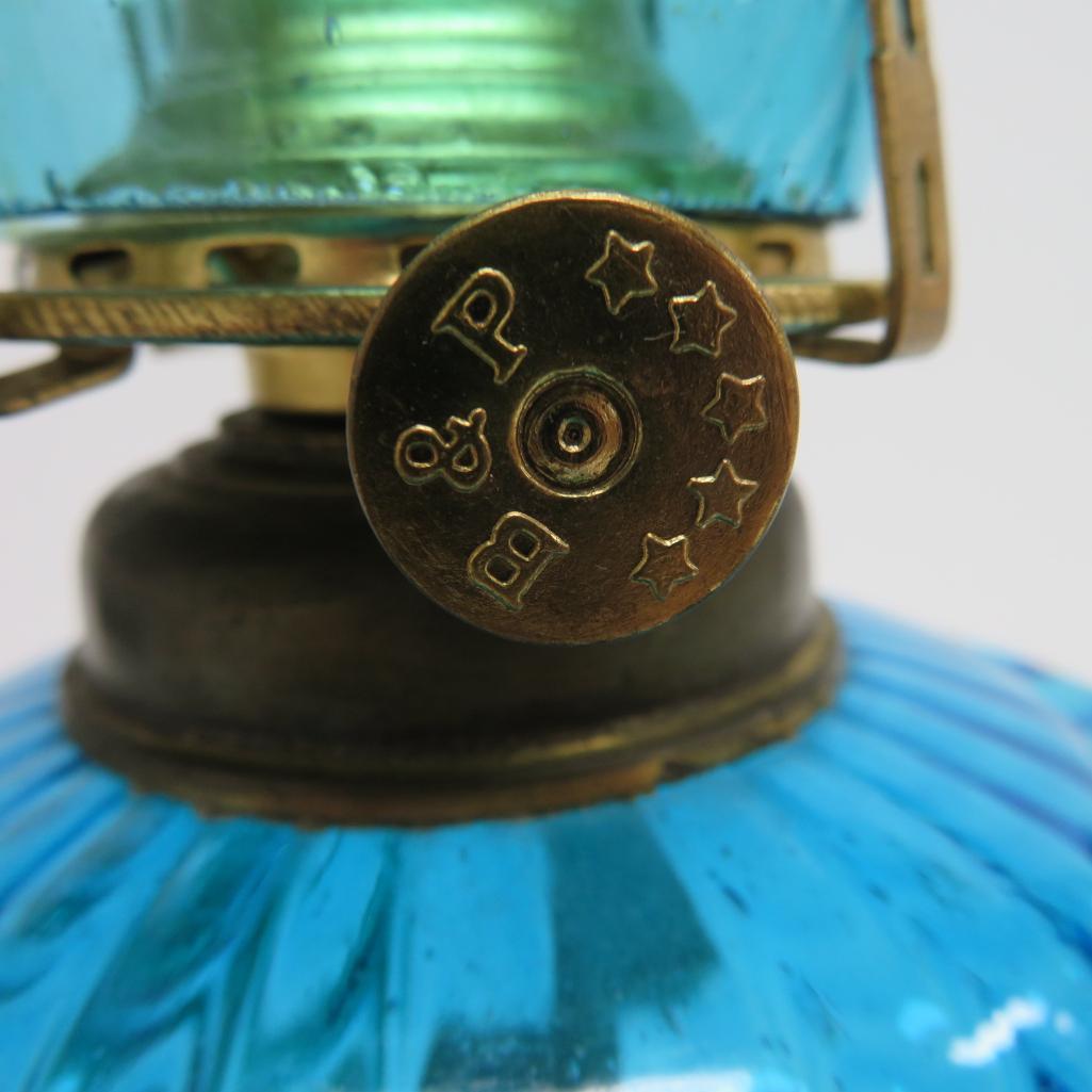 Vintage Oil lamp, blue with Noveau style base