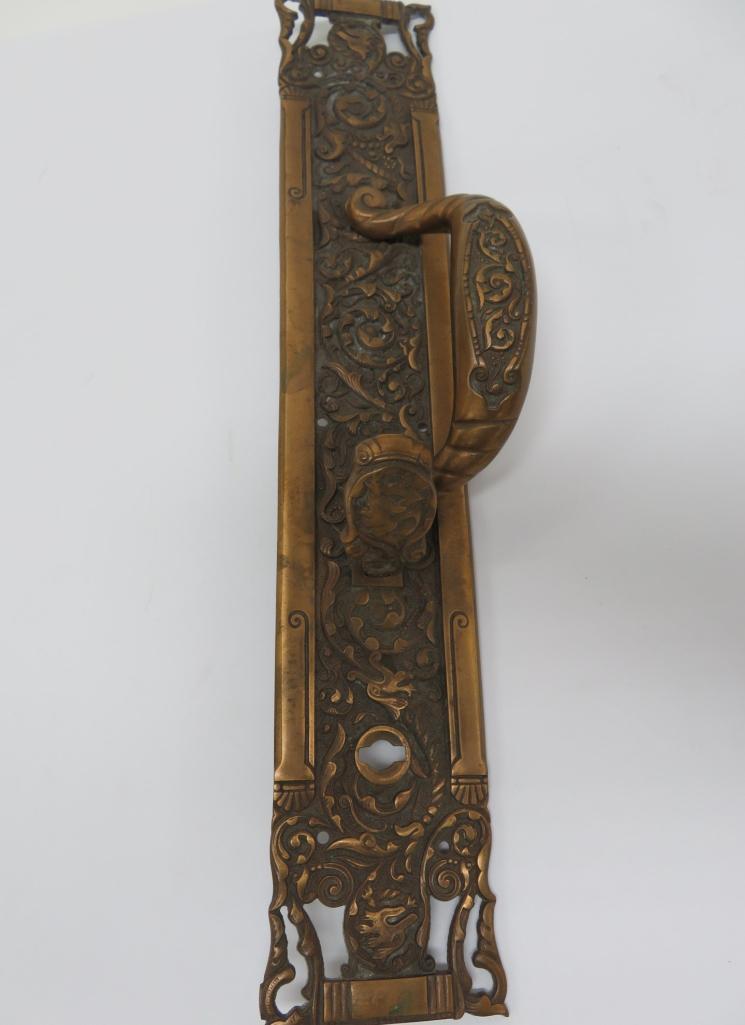 Ornate antique Bronze Entry Door Hardware, Columbian Pattern