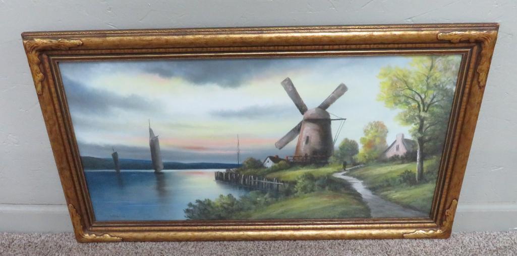 Gunderson Pastel, Dutch scene with sailboats and Windmill