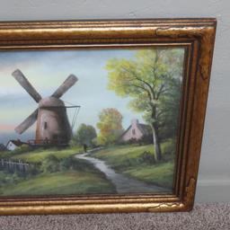 Gunderson Pastel, Dutch scene with sailboats and Windmill