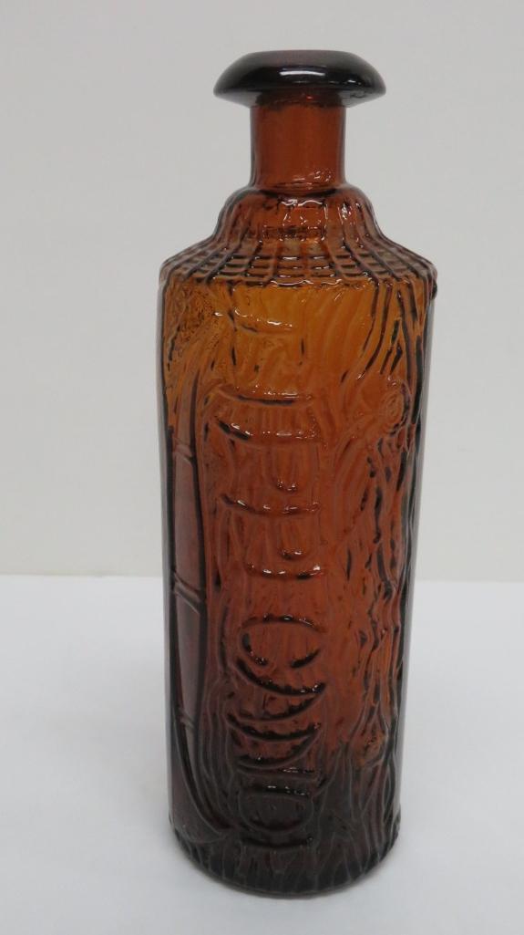 Tippecanoe log bitters bottle, HH Warner & Co, amber, 9"