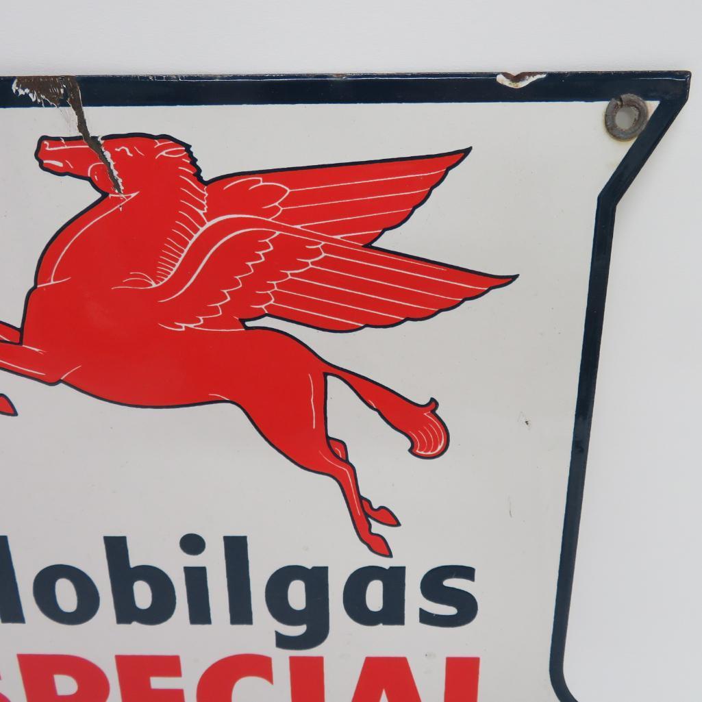 Old Mobilgas Special enamel pump sign plate, 12"