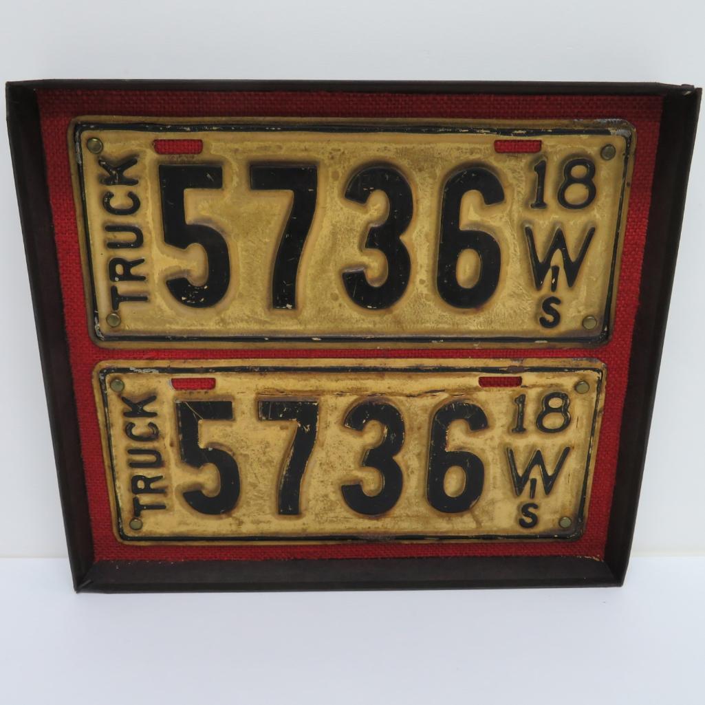 1918 Wis Truck License plates, matched pair, 11"