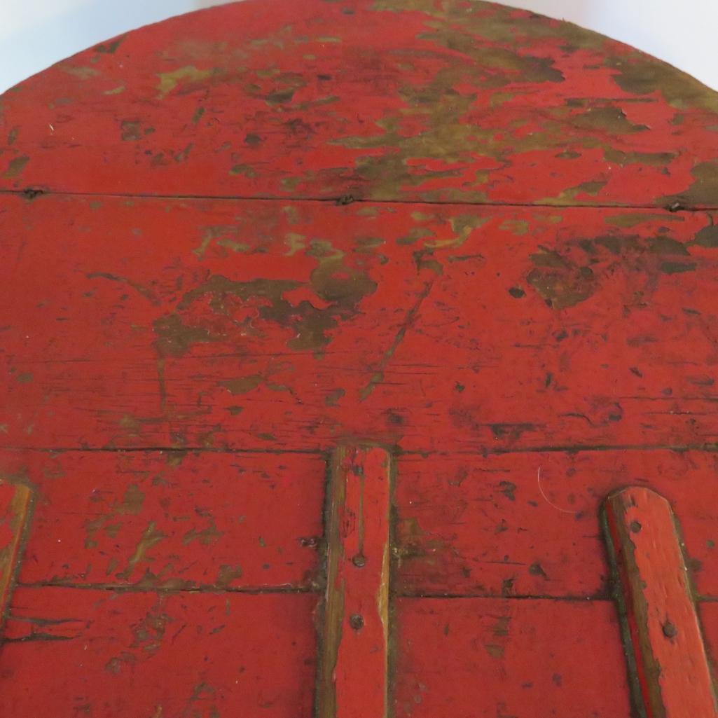 Red lift top wooden bucket with bail handles