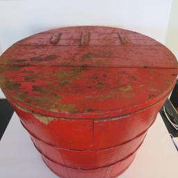 Red lift top wooden bucket with bail handles