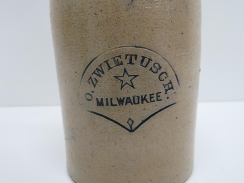 O Zwietusch Milwaukee Stoneware bottle, shield emblem, 8"