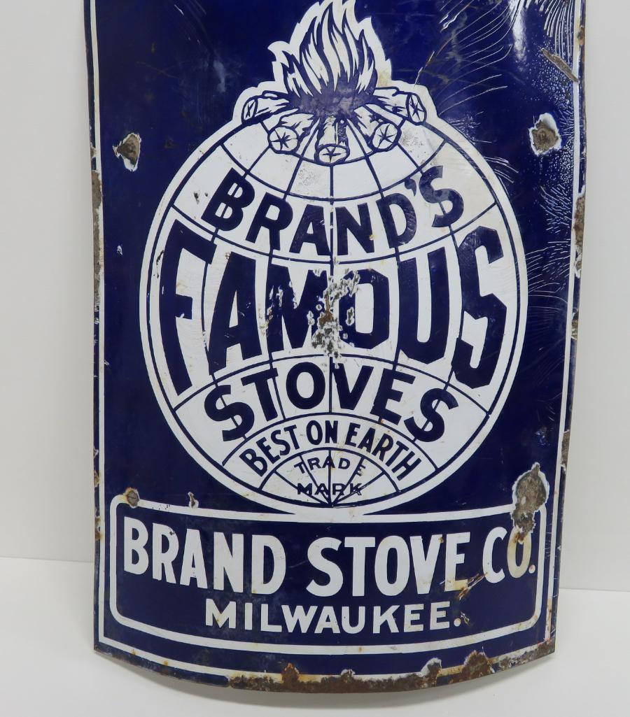 Brands Famous Stoves enamel sign, Milwaukee Wis, concave