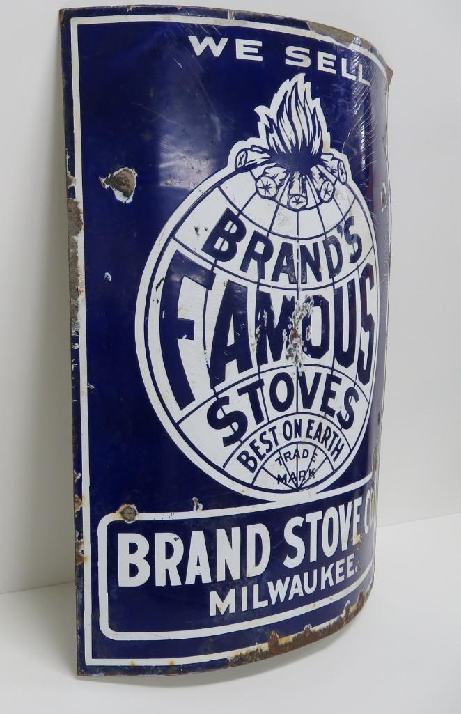 Brands Famous Stoves enamel sign, Milwaukee Wis, concave