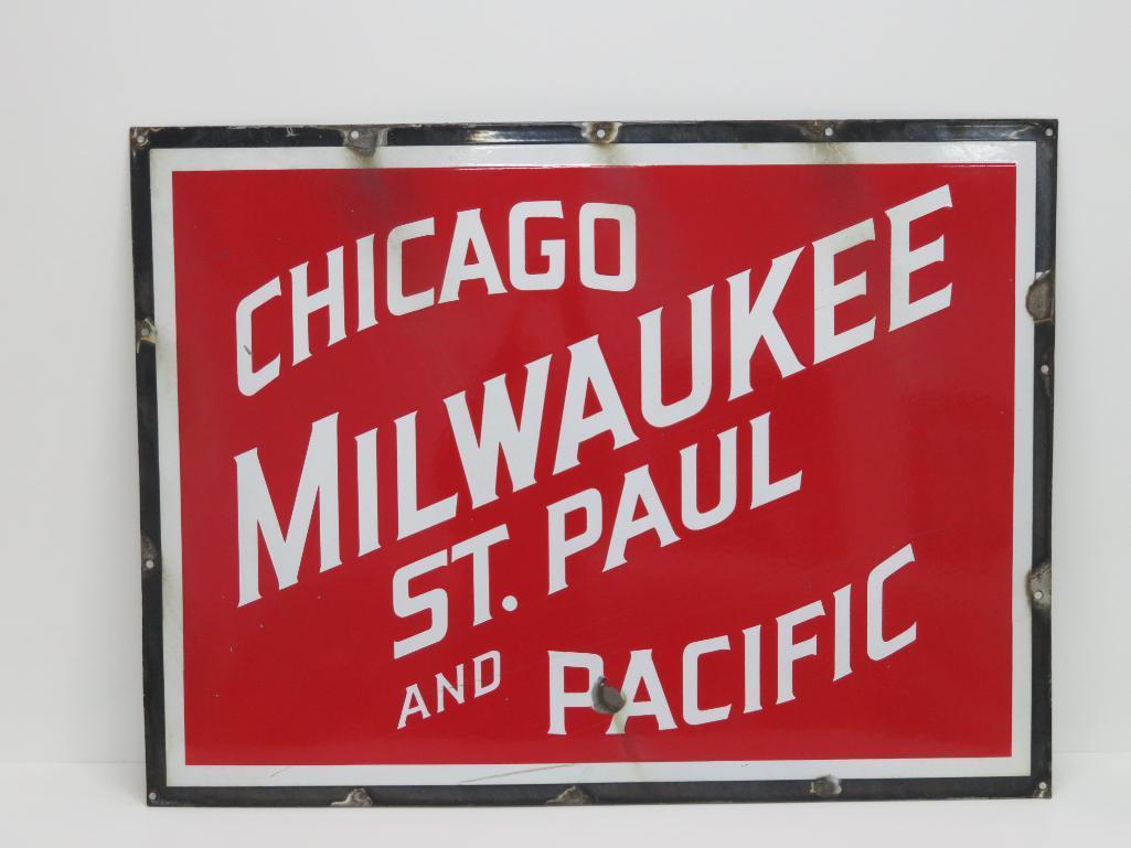 Chicago Milwaukee St Paul and Pacific enamel sign, 32 1/2" x 24"