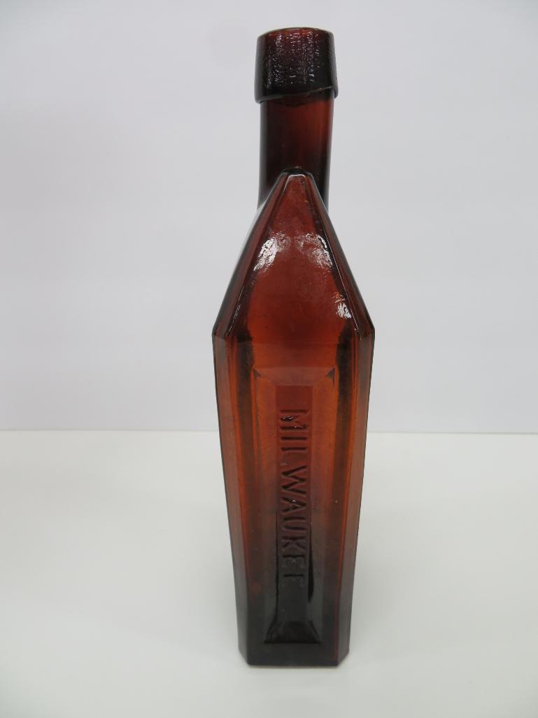 E Schneiders amber whiskey bottle, 10"