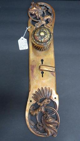 17" ornate Gargoyle door back plate and knob, brass