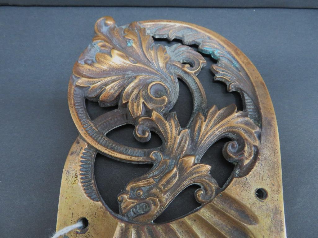 17" ornate Gargoyle door back plate and knob, brass
