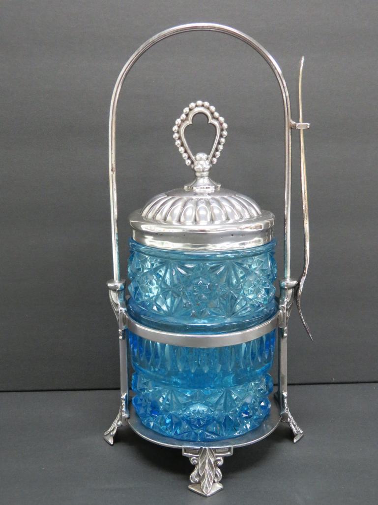 Ornate Pickle Castor with fork, blue daisy pattern, 9"