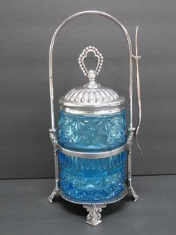 Ornate Pickle Castor with fork, blue daisy pattern, 9"