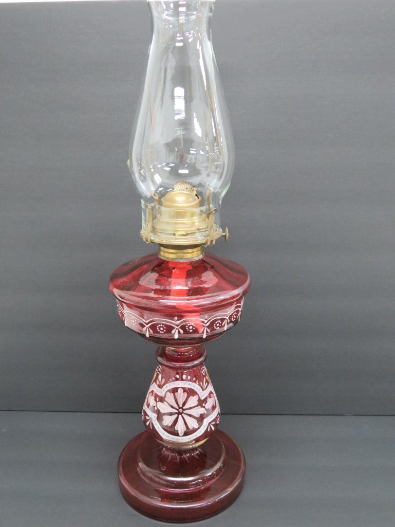 19" cranberry glass, hand painted oil lamp