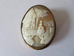 2" carved cameo pin/pendant, landscape with woman