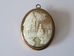 2" carved cameo pin/pendant, landscape with woman