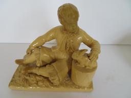 Early figural double inkwell, boy and rabbit, 6"