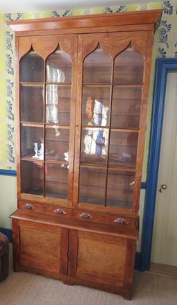 c 1870 Early Cupboard, glass doors, drawers and drawered base