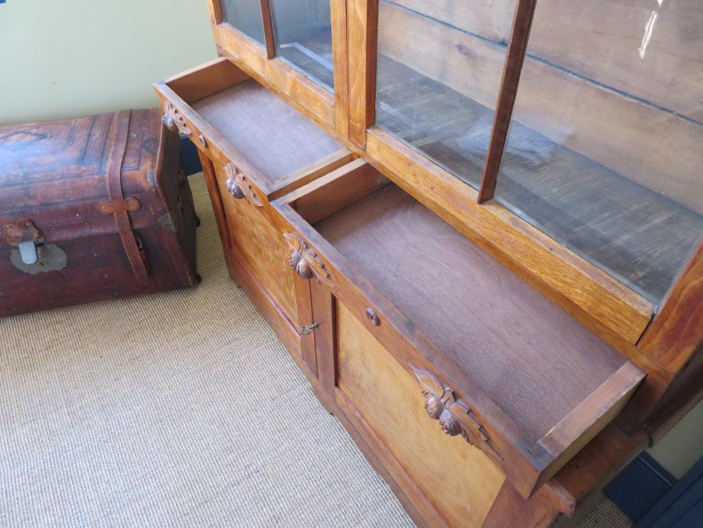 c 1870 Early Cupboard, glass doors, drawers and drawered base