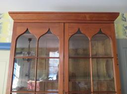 Outstanding c. 1840 cupboard, two glass doors, drawers and doors on base