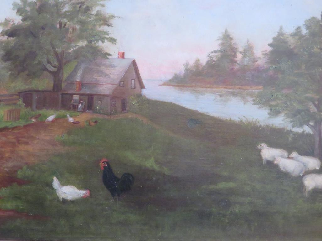 Antique oil on canvas Farmyard painting, framed