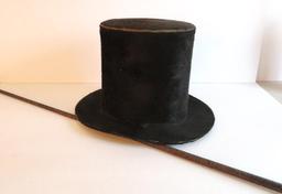 Antique Stove Pipe hat and leather wrapped walking stick