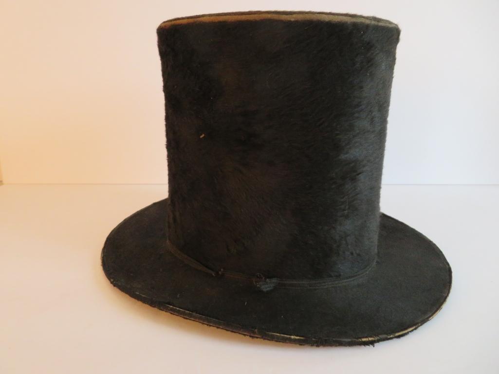 Antique Stove Pipe hat and leather wrapped walking stick