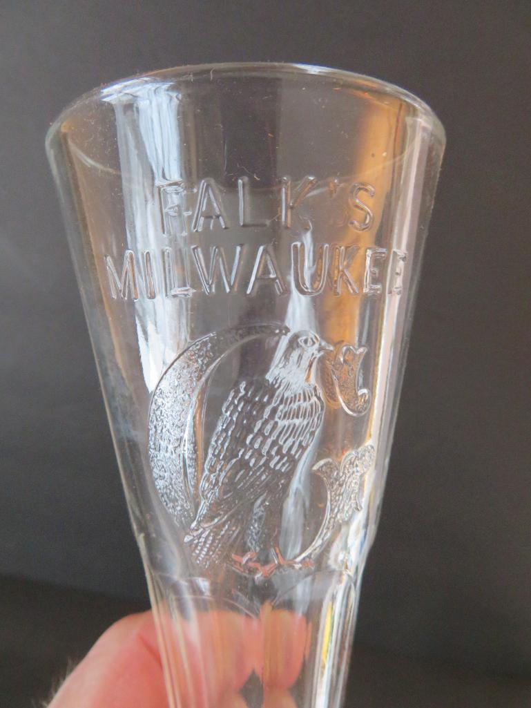Two Falk's Milwaukee Pilsner glasses, embossed with eagle, 6"