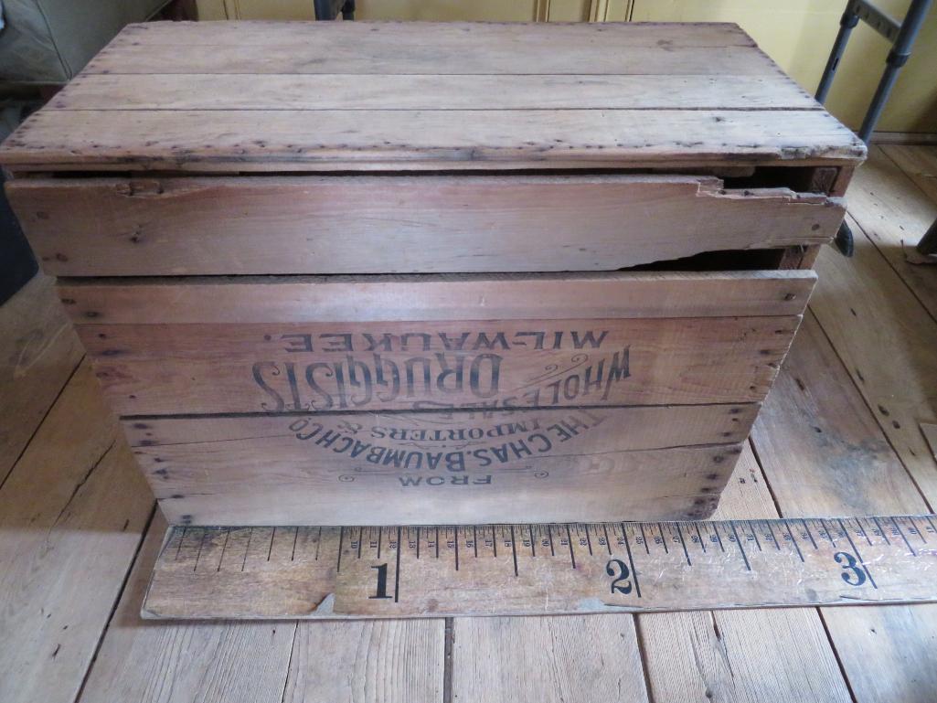 Wood Advertising crate, Chas. Baumbach Co Importers and Wholesalers, Milwaukee