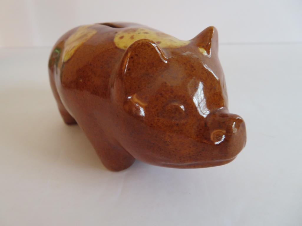 Stoneware piggy bank, Bennington style glaze, 6"