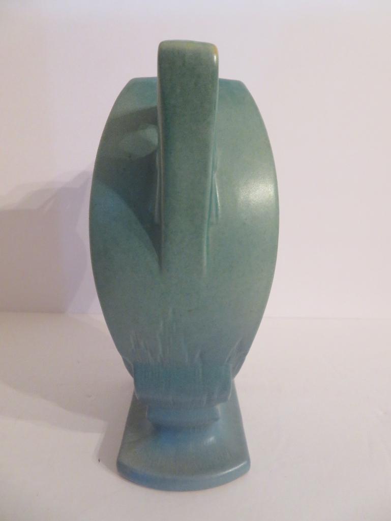Roseville White Rose Vase, blue, 984-8", two handled vase, 8"
