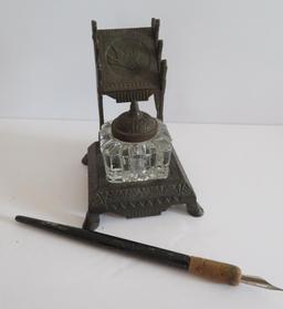 Ornate Bird design Cast Iron ink well stand with glass bottle, 5"