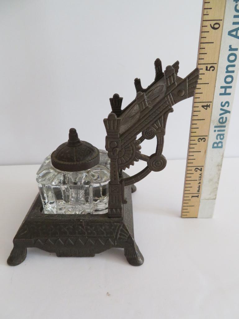 Ornate Bird design Cast Iron ink well stand with glass bottle, 5"