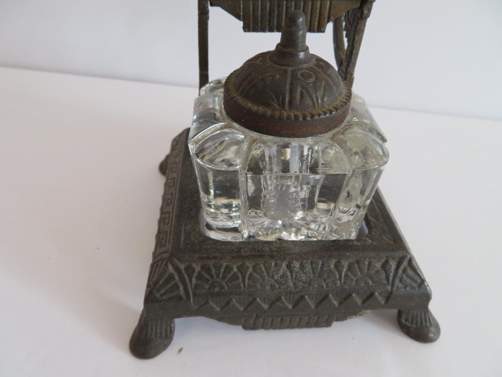 Ornate Bird design Cast Iron ink well stand with glass bottle, 5"