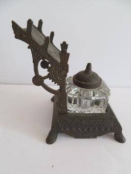 Ornate Bird design Cast Iron ink well stand with glass bottle, 5"