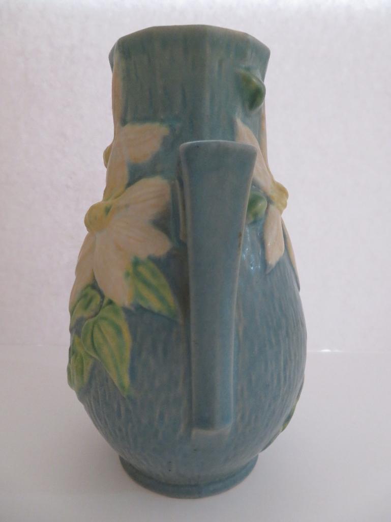 Roseville 8" Vase, blue, double handle white Clematis, 108-8